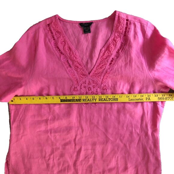 Silkland 100% Linen Embroidered Tunic Womens Sz 1X Pink V-Neck Flare Sleeve Boho - Picture 10 of 14